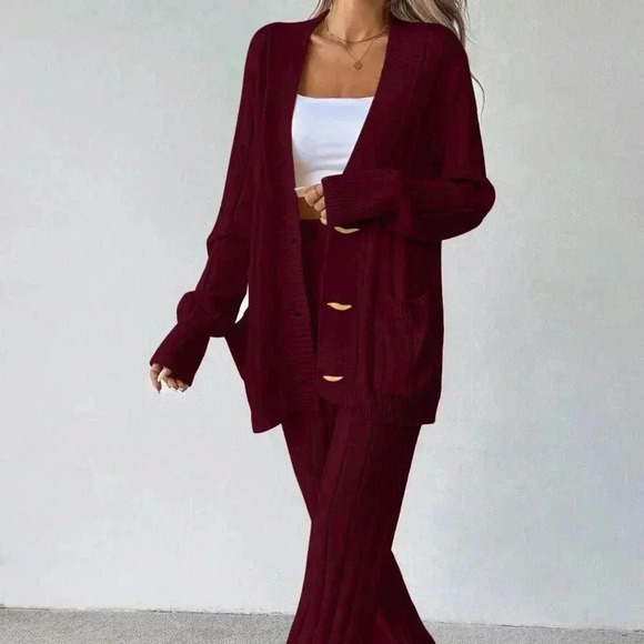 Red Casual Women's Loose Front Button Cardigan And Pants Knitwear Set - Picture 5 of 6